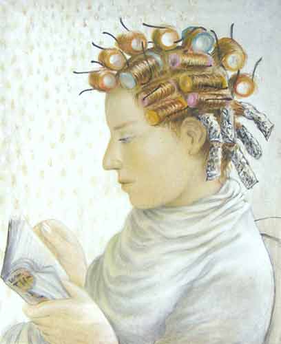 Women in hairdressers with rollers in her hair