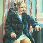 Painting a blond haired girl in a blue doufle coat