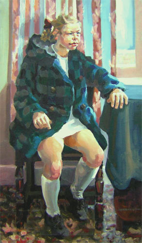 Painting of girl in green coat