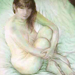 Nude women sat holding her legs