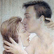 Man kissing women tenderly on the forehead