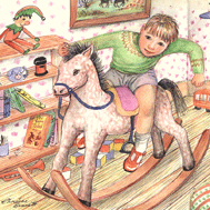 Illustration of boy on rocking horse for greeting card
